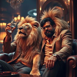 A captivating and surreal scene featuring Ram Gopal Varma, the renowned Indian filmmaker, casually drinking vodka alongside a majestic lion