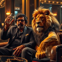 A captivating and surreal scene featuring Ram Gopal Varma, the renowned Indian filmmaker, casually drinking vodka alongside a majestic lion