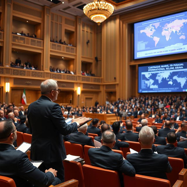 A grand auditorium filled with attentive Iranian diplomats sitting in elegant rows, while I stand confidently at a podium delivering a speech on important international topics