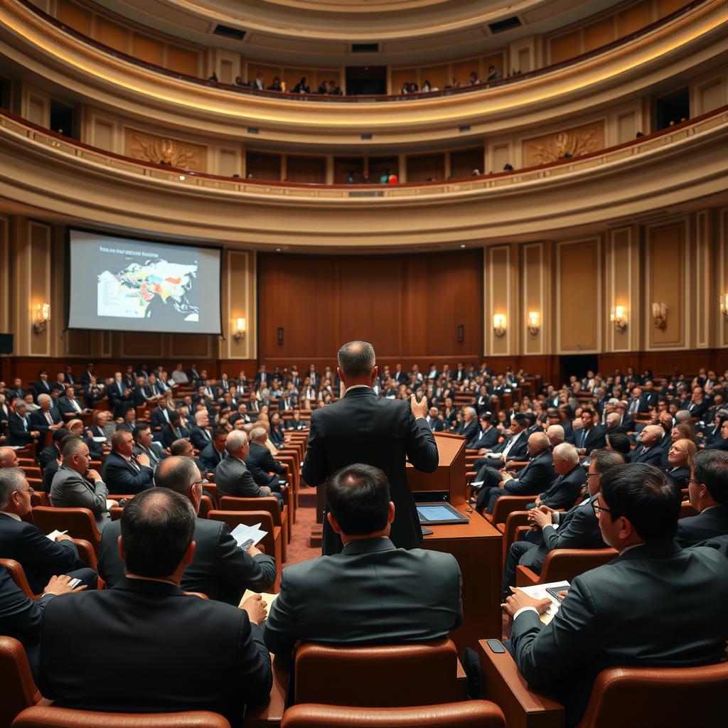 A grand auditorium filled with attentive Iranian diplomats sitting in elegant rows, while I stand confidently at a podium delivering a speech on important international topics