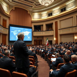 A grand auditorium filled with attentive Iranian diplomats sitting in elegant rows, while I stand confidently at a podium delivering a speech on important international topics
