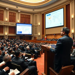 A grand auditorium filled with attentive Iranian diplomats sitting in elegant rows, while I stand confidently at a podium delivering a speech on important international topics