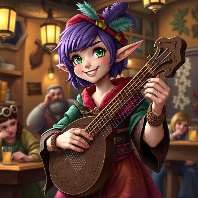 A stout female Halfling bard with short purple hair and striking emerald green eyes, playing a beautifully decorated lyre