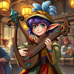 A stout female Halfling bard with short purple hair and striking emerald green eyes, playing a beautifully decorated lyre