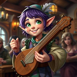 A stout female Halfling bard with short purple hair and striking emerald green eyes, playing a beautifully decorated lyre