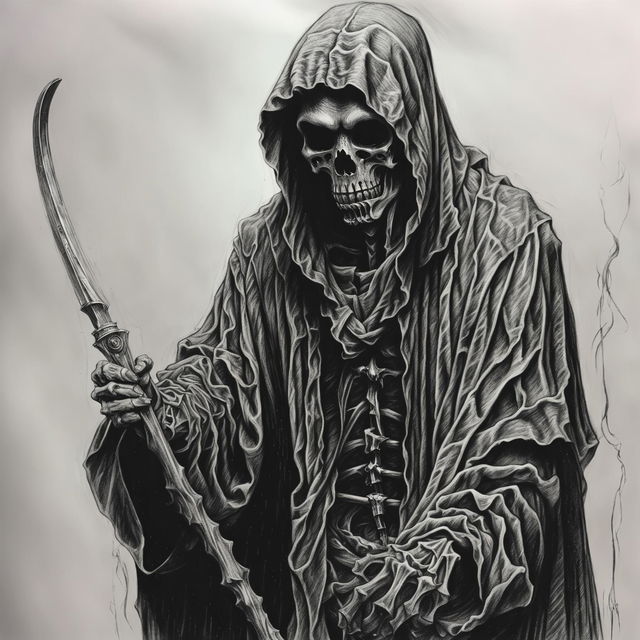 This is a detailed black and white graphite pencil sketch of the Grim Reaper