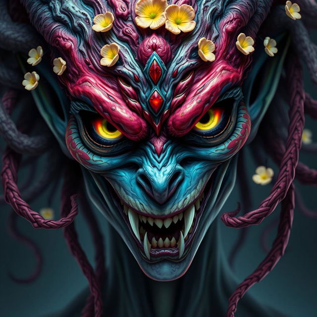 A close-up portrait of a female monster with an intricate design, featuring a unique combination of vibrant colors, an array of sharp teeth, and glowing eyes