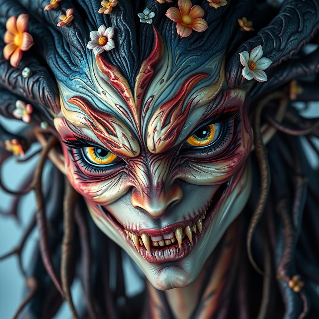 A close-up portrait of a female monster with an intricate design, featuring a unique combination of vibrant colors, an array of sharp teeth, and glowing eyes