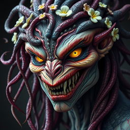 A close-up portrait of a female monster with an intricate design, featuring a unique combination of vibrant colors, an array of sharp teeth, and glowing eyes