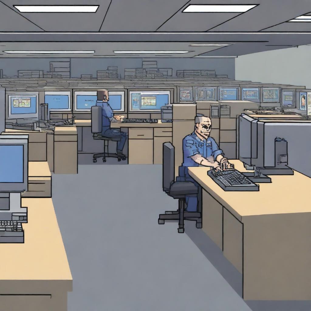 A high-quality, pixel art image depicting an information technology helpdesk within a US military context