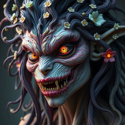 A close-up portrait of a female monster with an intricate design, featuring a unique combination of vibrant colors, an array of sharp teeth, and glowing eyes