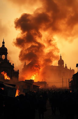 A historical depiction of the burning city of Bandung in 1946, capturing the chaos and intensity of the event