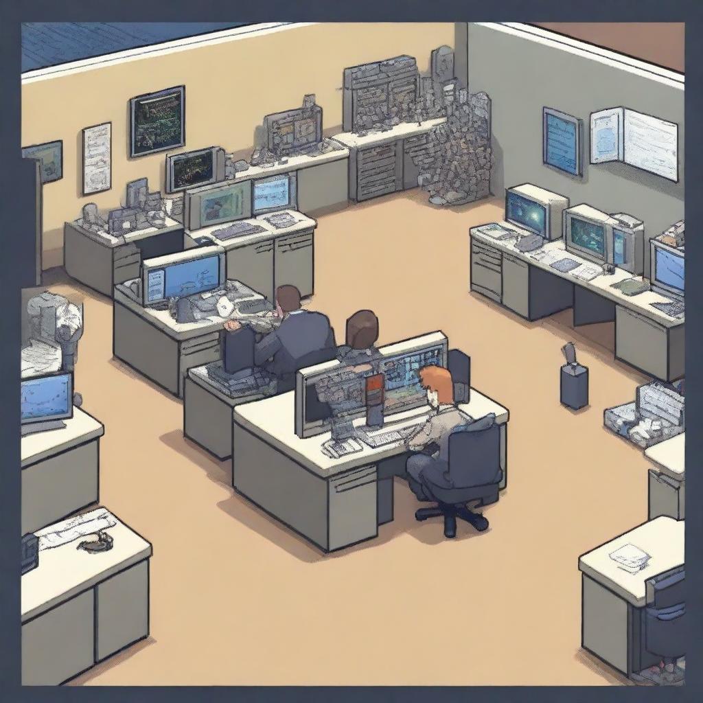 A high-quality, pixel art image depicting an information technology helpdesk within a US military context