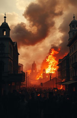 A historical depiction of the burning city of Bandung in 1946, capturing the chaos and intensity of the event