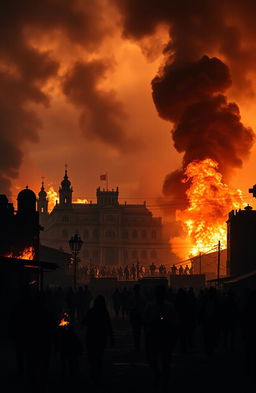 A historical depiction of the burning city of Bandung in 1946, capturing the chaos and intensity of the event