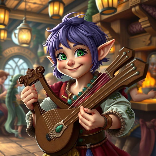 A stout female Halfling bard with short purple hair and striking emerald green eyes, cheerfully playing a lyre