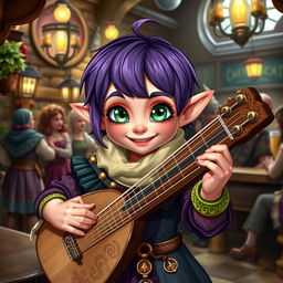 A stout female Halfling bard with short purple hair and striking emerald green eyes, cheerfully playing a lyre