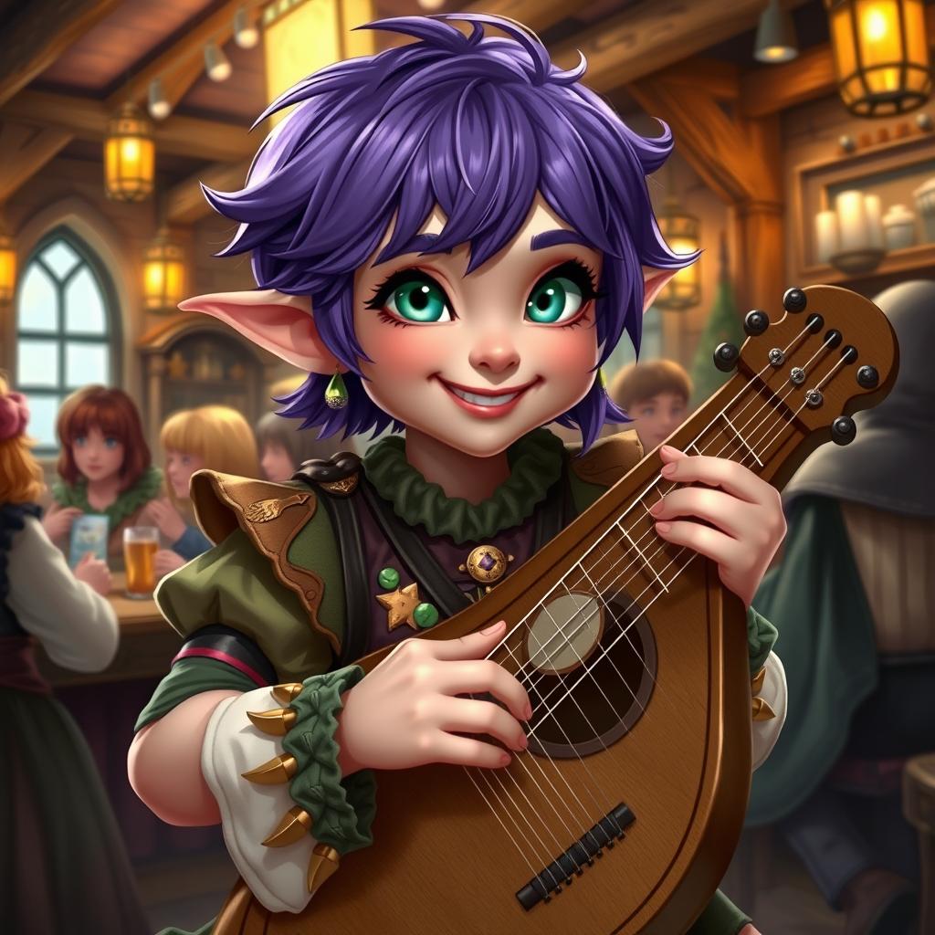 A stout female Halfling bard with short purple hair and striking emerald green eyes, cheerfully playing a lyre