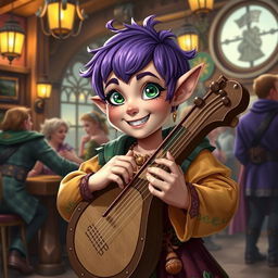 A stout female Halfling bard with short purple hair and striking emerald green eyes, cheerfully playing a lyre