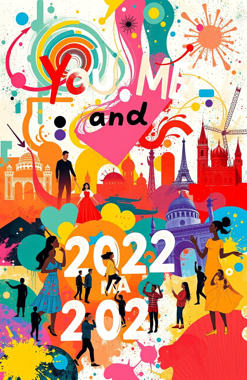 A vibrant, dynamic scene capturing the essence of 'You, Me, and 2022' with abstract elements symbolizing personal growth and transformation