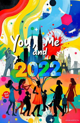A vibrant, dynamic scene capturing the essence of 'You, Me, and 2022' with abstract elements symbolizing personal growth and transformation