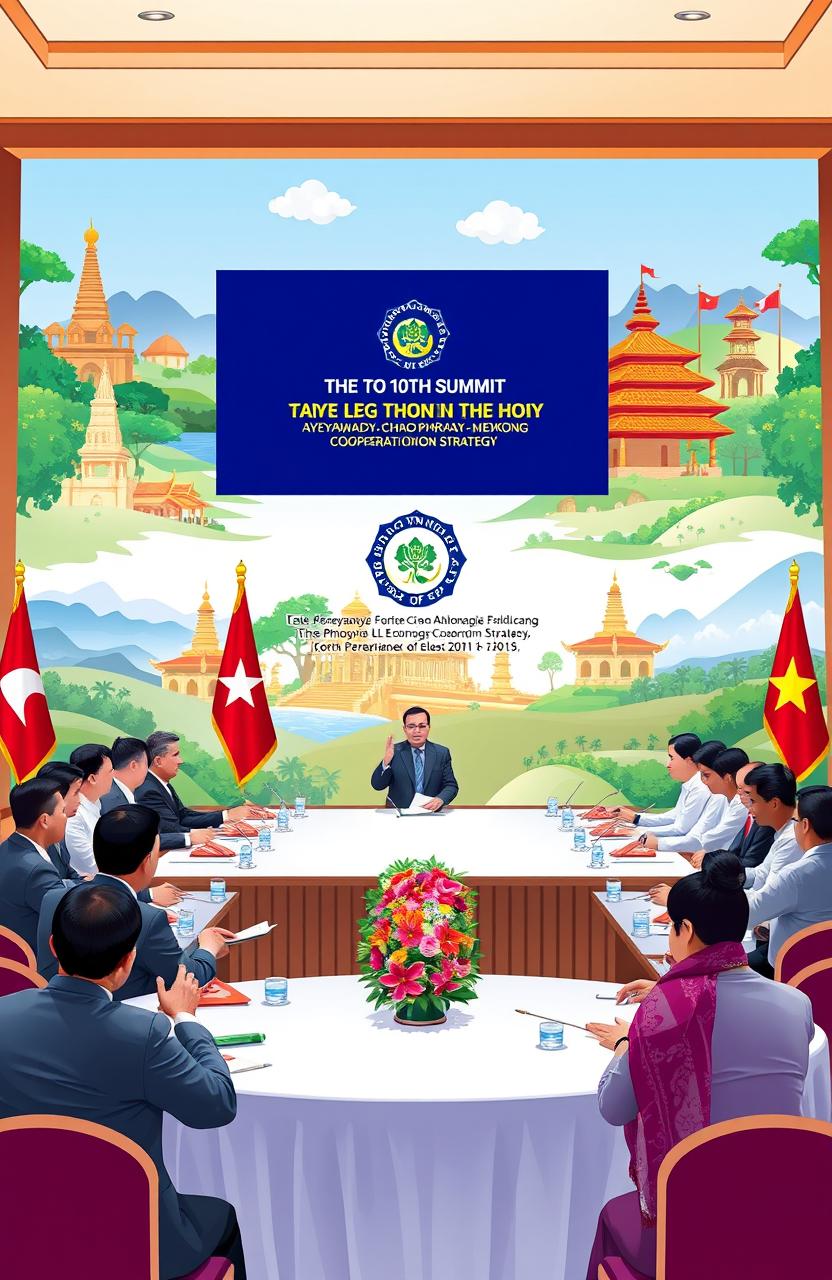 A visually striking representation of the 10th Summit of the Ayeyawady-Chao Phraya-Mekong Economic Cooperation Strategy, featuring dignitaries from various nations gathered around a grand conference table