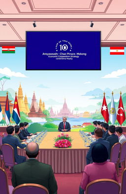 A visually striking representation of the 10th Summit of the Ayeyawady-Chao Phraya-Mekong Economic Cooperation Strategy, featuring dignitaries from various nations gathered around a grand conference table