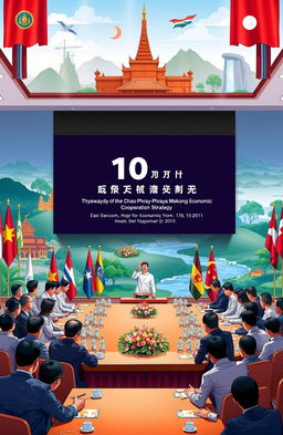 A visually striking representation of the 10th Summit of the Ayeyawady-Chao Phraya-Mekong Economic Cooperation Strategy, featuring dignitaries from various nations gathered around a grand conference table