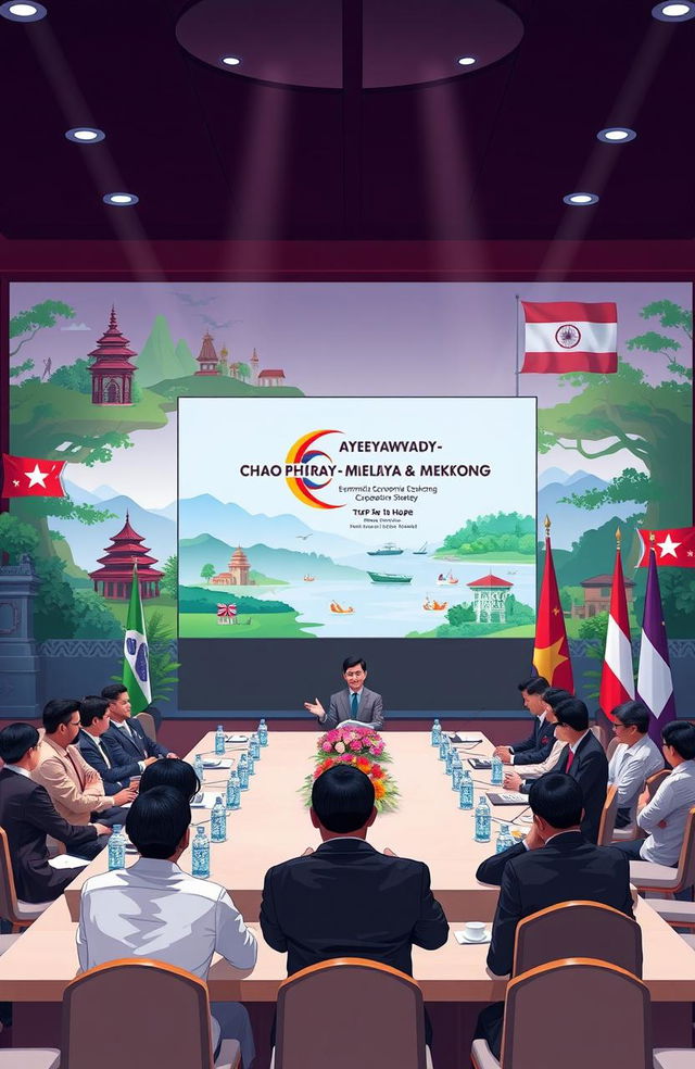 A visually striking representation of the 10th Summit of the Ayeyawady-Chao Phraya-Mekong Economic Cooperation Strategy, featuring dignitaries from various nations gathered around a grand conference table