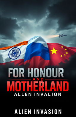 A book cover design for "For Honour And Motherland: Alien Invasion" featuring a dramatic background with the Indian, Russian, and Chinese flags displayed prominently