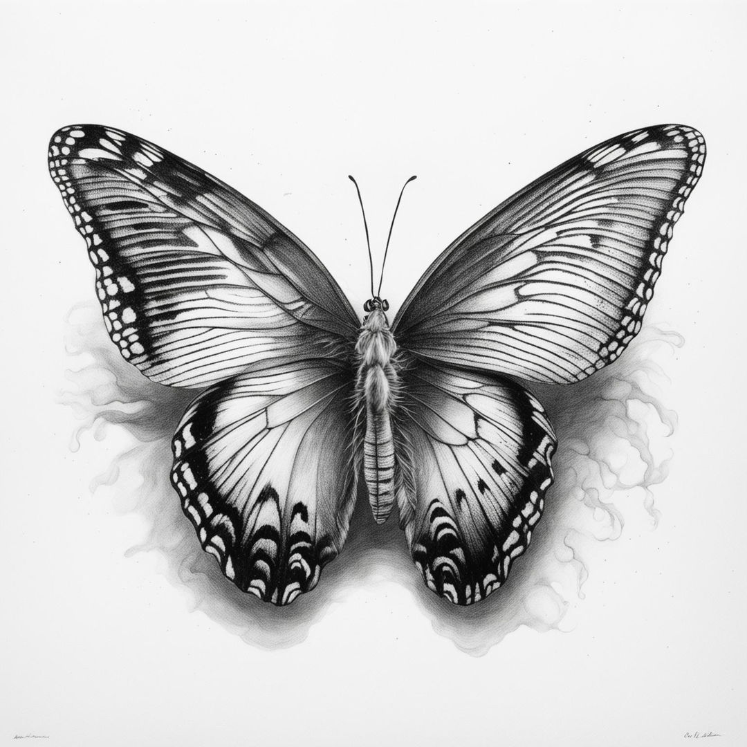 This is a high-quality black and white graphite pencil drawing of a butterfly