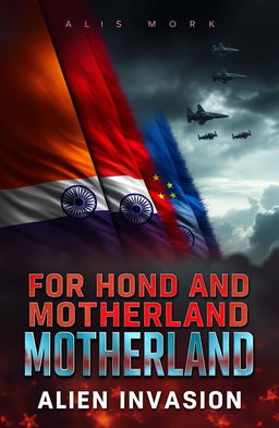 A book cover design for "For Honour And Motherland: Alien Invasion" featuring a dramatic background with the Indian, Russian, and Chinese flags displayed prominently
