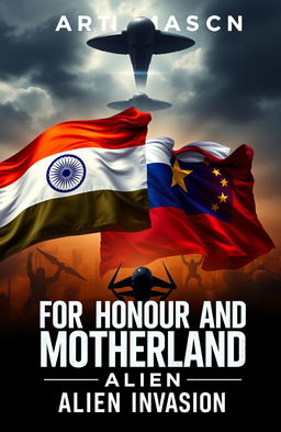 A book cover design for "For Honour And Motherland: Alien Invasion" featuring a dramatic background with the Indian, Russian, and Chinese flags displayed prominently