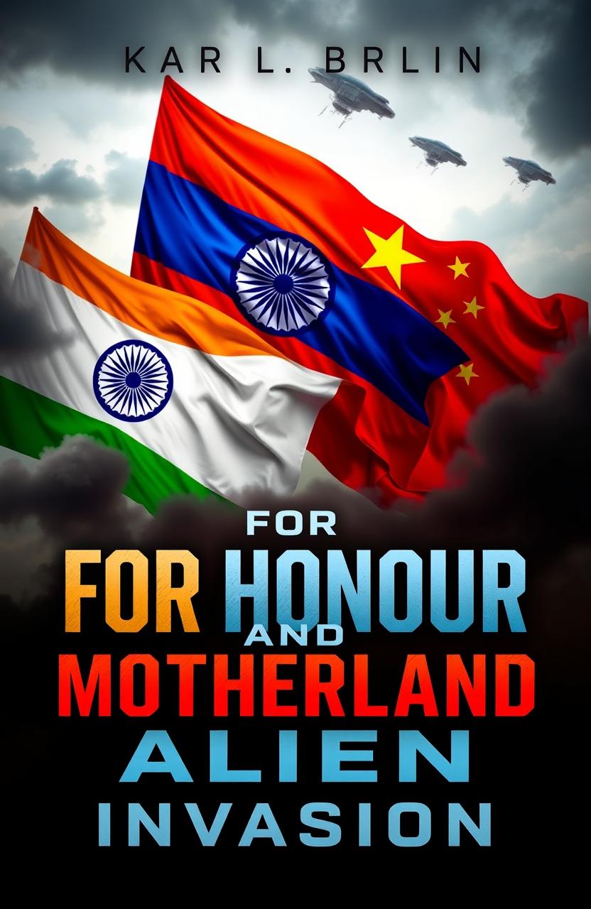 A book cover design for "For Honour And Motherland: Alien Invasion" featuring a dramatic background with the Indian, Russian, and Chinese flags displayed prominently
