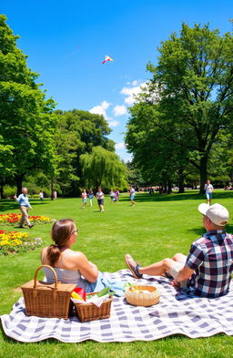 A peaceful Saturday afternoon scene featuring a serene park with lush green trees, colorful flowers, and a bright blue sky