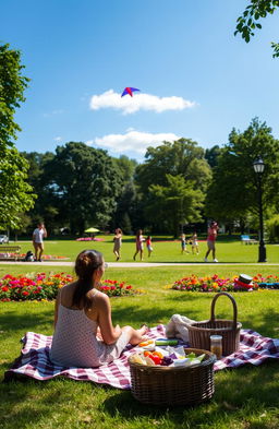 A peaceful Saturday afternoon scene featuring a serene park with lush green trees, colorful flowers, and a bright blue sky