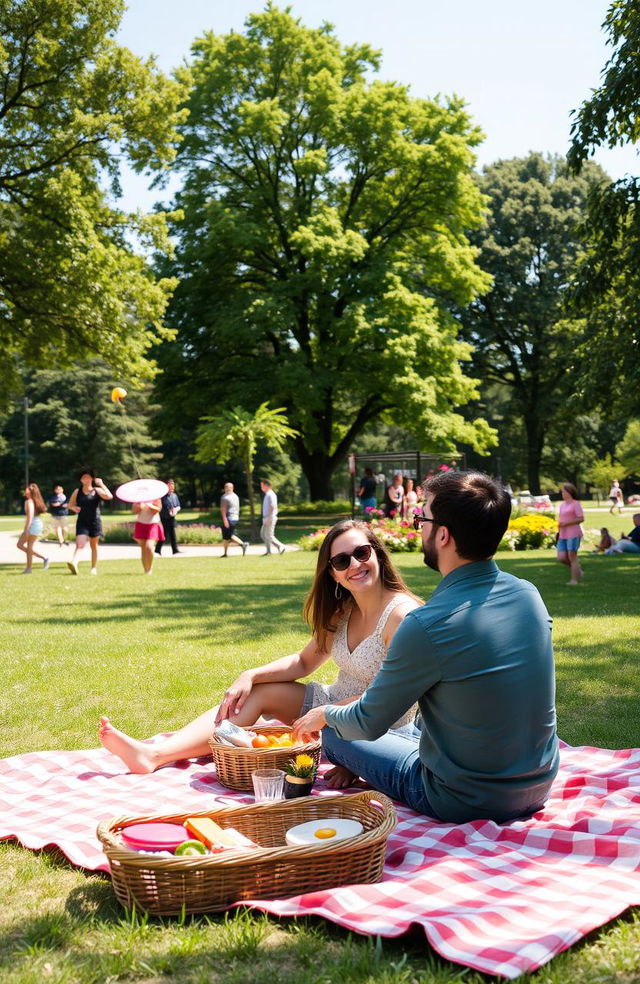 A peaceful Saturday afternoon scene featuring a serene park with lush green trees, colorful flowers, and a bright blue sky