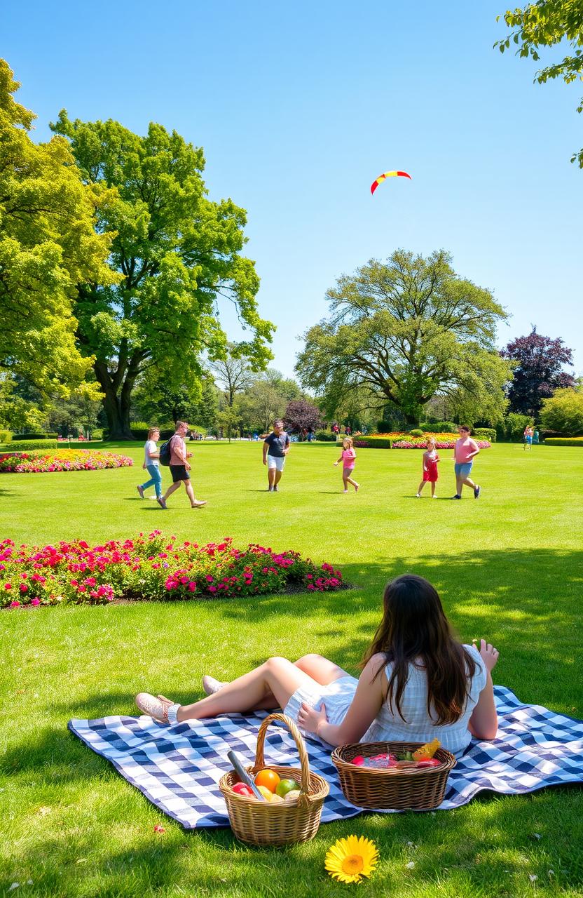 A peaceful Saturday afternoon scene featuring a serene park with lush green trees, colorful flowers, and a bright blue sky