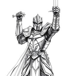 A detailed sketch of a dark knight in full armor, holding a sword raised high