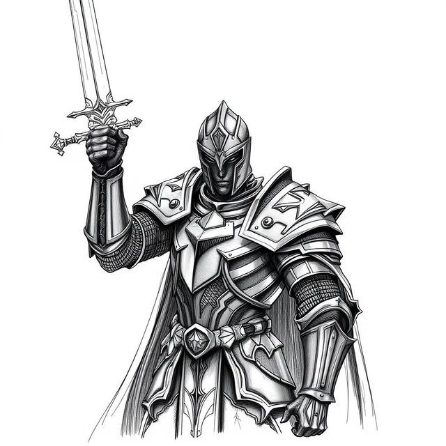 A detailed sketch of a dark knight in full armor, holding a sword raised high