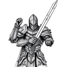 A detailed sketch of a dark knight in full armor, holding a sword raised high