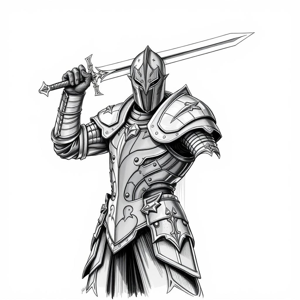 A detailed sketch of a dark knight in full armor, holding a sword raised high
