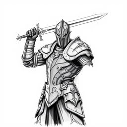 A detailed sketch of a dark knight in full armor, holding a sword raised high