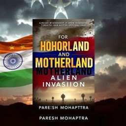 A book cover design for "For Honour And Motherland: Alien Invasion" featuring a dramatic background with the Indian, Russian, and Chinese flags artistically blended together