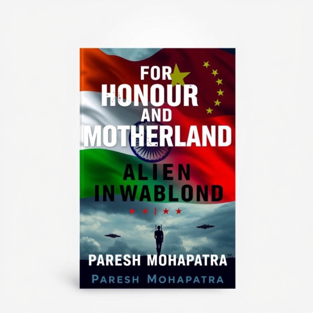 A book cover design for "For Honour And Motherland: Alien Invasion" featuring a dramatic background with the Indian, Russian, and Chinese flags artistically blended together
