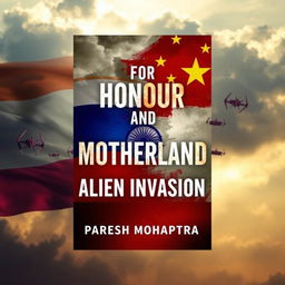 A book cover design for "For Honour And Motherland: Alien Invasion" featuring a dramatic background with the Indian, Russian, and Chinese flags artistically blended together