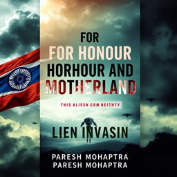 A book cover design for "For Honour And Motherland: Alien Invasion" featuring a dramatic background with the Indian, Russian, and Chinese flags artistically blended together
