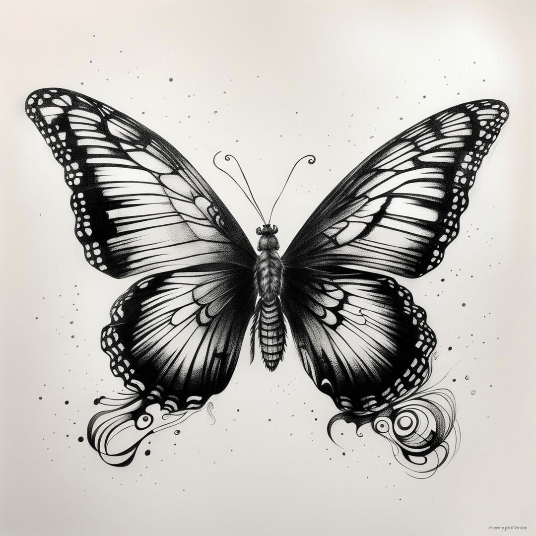 This is a black and white graphite pencil drawing of a butterfly in a more abstract and stylized manner