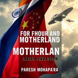 A captivating book cover design for "For Honour And Motherland: Alien Invasion" featuring the Indian, Russian, and Chinese flags in the background, artistically intertwined to represent unity against a common threat