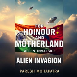 A captivating book cover design for "For Honour And Motherland: Alien Invasion" featuring the Indian, Russian, and Chinese flags in the background, artistically intertwined to represent unity against a common threat